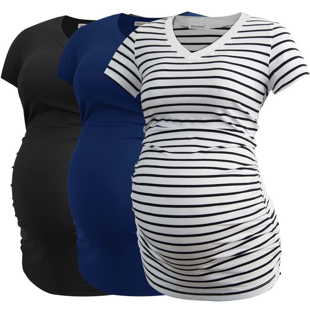Maternity Short Sleeve Tee - Navy, Black & White Stripe